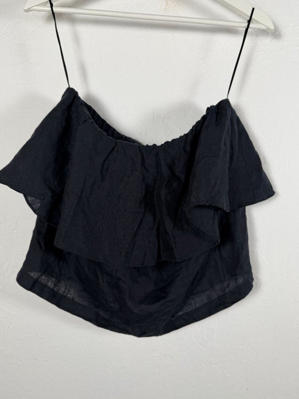 Saks Fifth Avenue Black Linen Strapless Crop Top Ruffle Overlay Blouse Medium